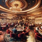 Lyxigt och elegant casinointeriör fullt av aktivitet med välklädda människor som spelar roulette och kortspel.